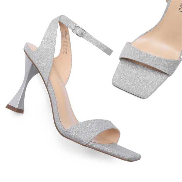Square Toe Ankle Strap Stiletto Sandals  - SILVER - 4