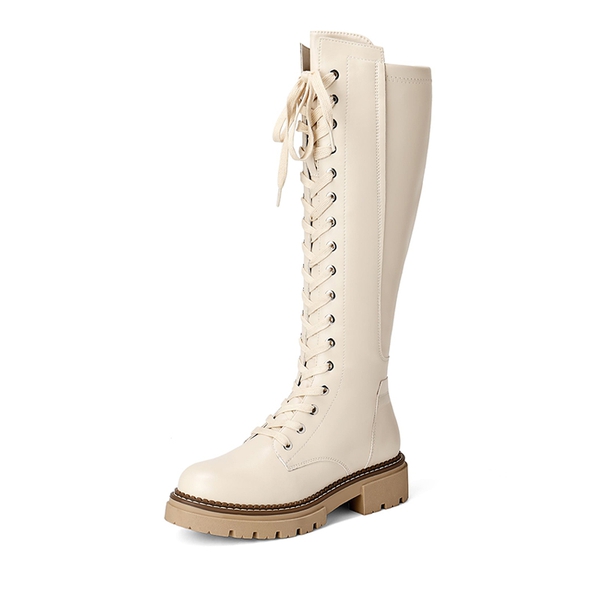 Leather Lace UP Knee High Boots - BEIGE -  0