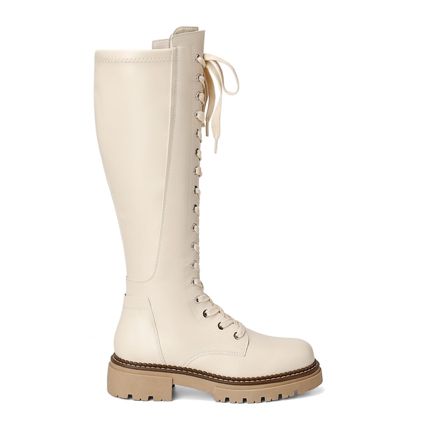Leather Lace UP Knee High Boots - BEIGE - 1