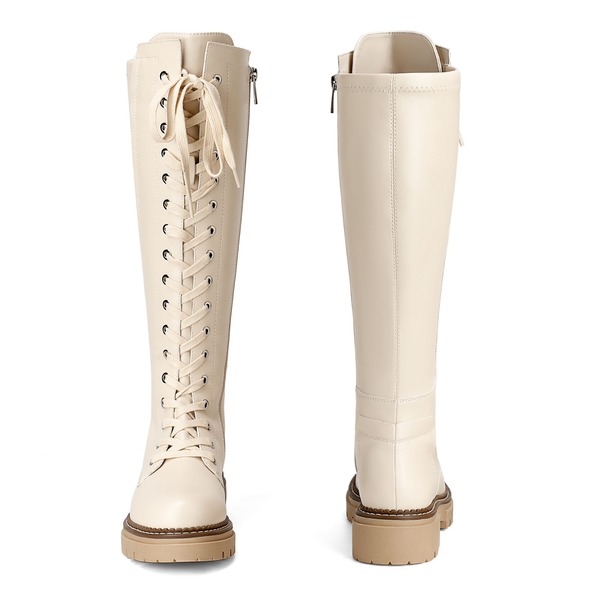 Leather Lace UP Knee High Boots - BEIGE - 3