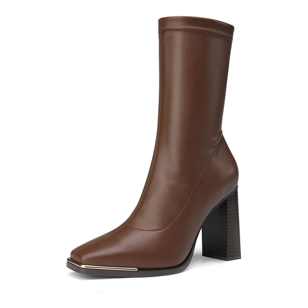 Chunky Square Toe Mid Calf Boots - BROWN -  0