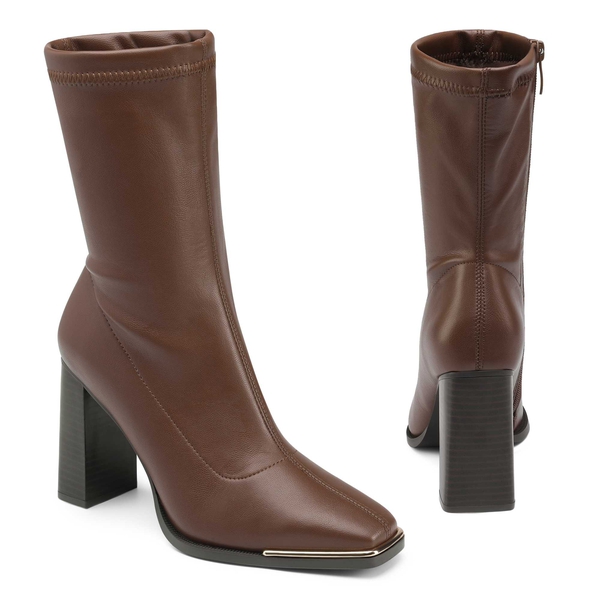 Chunky Square Toe Mid Calf Boots - BROWN - 3