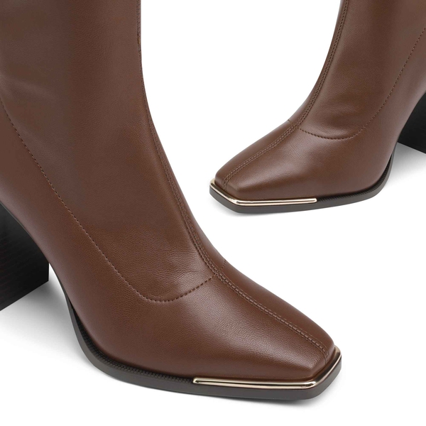 Chunky Square Toe Mid Calf Boots - BROWN - 4