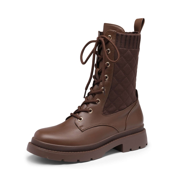 Knitted Leather Combat Ankle Boots - BROWN -  0