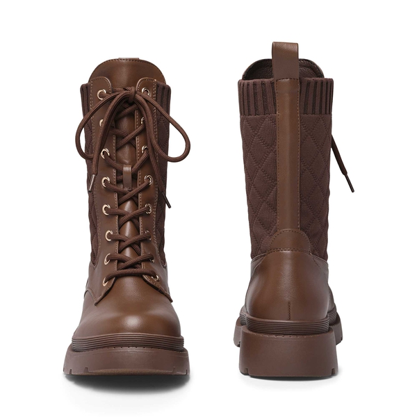 Knitted Leather Combat Ankle Boots - BROWN - 3
