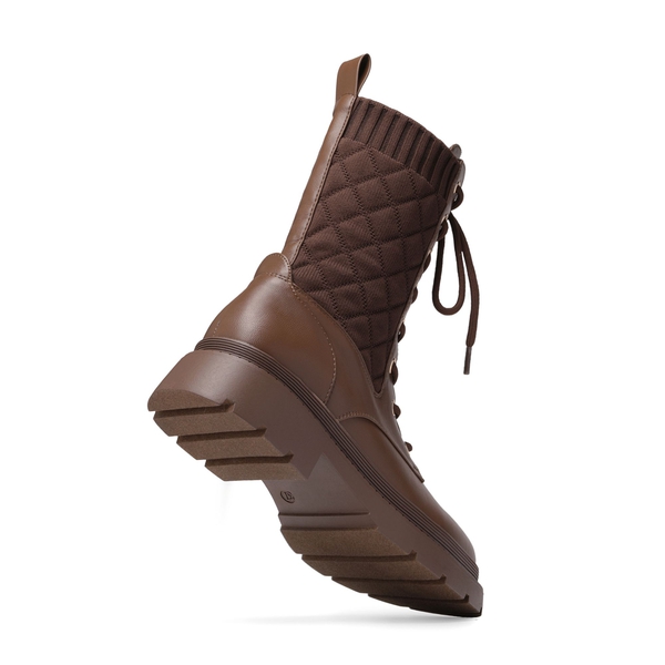 Knitted Leather Combat Ankle Boots - BROWN - 4