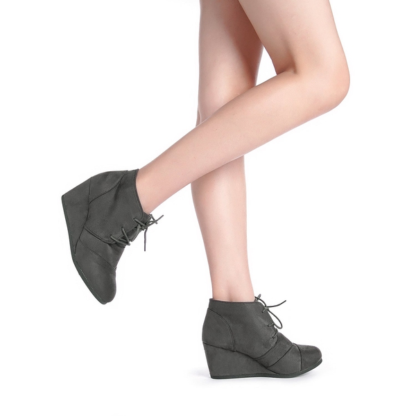 Lace Up Low Wedge Booties - GREY - 1