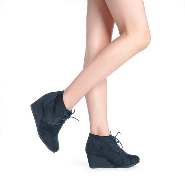 Lace Up Low Wedge Booties - NAVY - 1