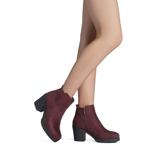 Low Heel Chunky Ankle Boots - BURGUNDY - 1