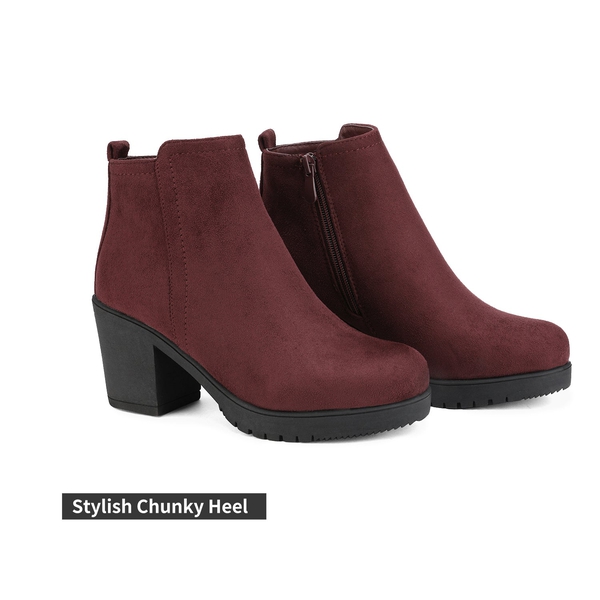 Low Heel Chunky Ankle Boots - BURGUNDY - 4