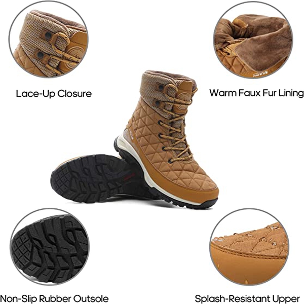 Women's Lace Up Winter Snow Boots - TAN - 4
