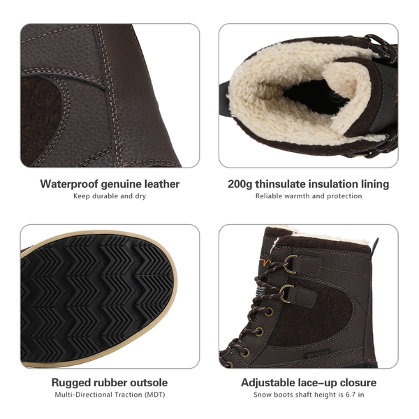 Men's Waterproof Insulated Snow Boots【Wide Fit】 - DARK BROWN-BLACK - 5