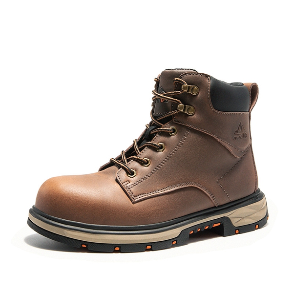 Men's Water-Resistant Steel Toe Leather Work Boots - DARK BROWN -  0