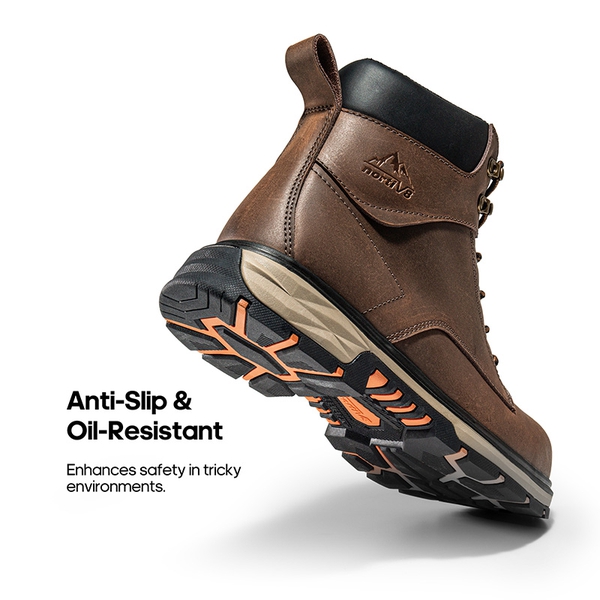 Men's Water-Resistant Steel Toe Leather Work Boots - DARK BROWN - 7